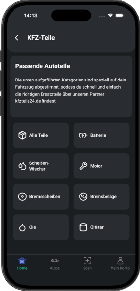 Fahrzeugschein App - KFZ-Teile Kategorien mit Batterie, Motor, Bremsscheiben, Öl und Filter