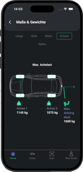 Fahrzeugschein App - Maße & Gewichte Ansicht mit Achslasten (1145kg, 1075kg) und maximaler Anhängelast (1600kg)