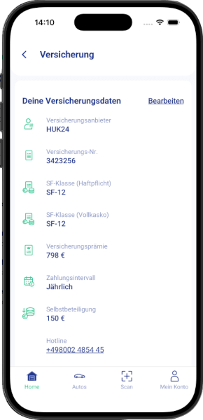 Fahrzeugschein App - Versicherungsdaten mit Anbieter, Versicherungsnummer, SF-Klasse und Jahresprämie