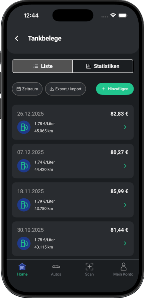 Spritkosten App - Liste der Tankbelege mit Datum, Literpreis und Kilometerstand